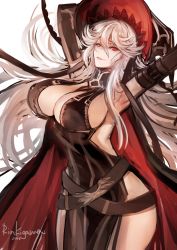 Rule 34 | 10s, 1girl, 2016, armpits, arms behind head, arms up, artist name, belt, belt skirt, black dress, black hat, breasts, detached sleeves, dress, from side, granblue fantasy, hair between eyes, hat, kigawa rin, large breasts, lips, long hair, long sleeves, looking at viewer, looking to the side, magisa (granblue fantasy), red eyes, side slit, sideboob, silver hair, simple background, sketch, smile, solo, thighs, white background, witch, witch hat
