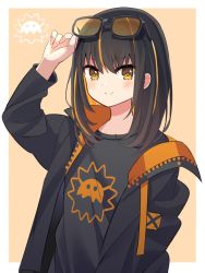Rule 34 | 1girl, black hair, black jacket, black shirt, black sleeves, border, closed mouth, collared jacket, commentary, curled fingers, eyelashes, eyewear on head, hand up, jacket, long hair, long sleeves, looking at viewer, mizuki (lvo0x0ovl), multicolored hair, open clothes, open jacket, orange hair, original, shirt, smile, solo, split mouth, streaked hair, two-tone background, two-tone hair, upper body, white border, yellow eyes