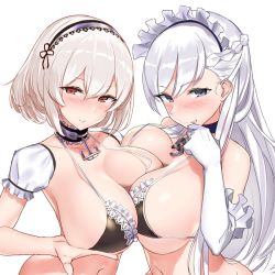 Rule 34 | 2girls, anchor choker, azur lane, bare shoulders, belfast (azur lane), bikini, black bikini, blue eyes, blush, breast press, breasts, chain, choker, closed mouth, collar, collarbone, commentary request, detached sleeves, elbow gloves, gloves, hairband, jewelry, lace, lace-trimmed bikini, lace-trimmed choker, lace-trimmed hairband, lace trim, large breasts, looking at viewer, maid, maid bikini, maid headdress, multiple girls, nanae, ornate ring, puffy sleeves, red eyes, ring, short sleeves, simple background, sirius (azur lane), smile, swimsuit, symmetrical docking, tongue, tongue out, unconventional maid, wedding ring, white background, white gloves, white hair