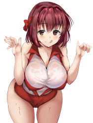 Rule 34 | 10s, 1girl, bare shoulders, blush, breasts, brown eyes, brown hair, commentary request, girls und panzer, kondou taeko, large breasts, leaning forward, looking at viewer, ponytail korosuke, red shirt, red shorts, see-through, shirt, short hair, short shorts, shorts, simple background, sleeveless, sleeveless shirt, smile, solo, sportswear, tongue, tongue out, volleyball uniform, wet, wet clothes, white background