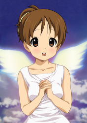 Rule 34 | 1girl, brown eyes, brown hair, dress, own hands clasped, hirasawa ui, k-on!, own hands together, ponytail, ryunnu, short hair, solo, white dress, wings