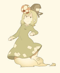 Rule 34 | 1girl, balancing on head, ball, brown background, dress, ghost tail, green dress, green hair, hat, japanese clothes, koukou (climacool), object on head, short hair, simple background, soga no tojiko, solo, star (symbol), tate eboshi, touhou