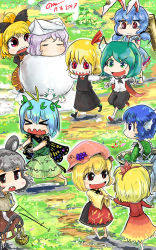 Rule 34 | &gt; &lt;, 6+girls, aki minoriko, aki shizuha, animal ears, barefoot, basket, black bow, blonde hair, blouse, blue hair, bow, brown hat, butterfly wings, chibi, closed eyes, commentary, dated, eternity larva, fins, fleeing, gapangman, grasslands, grey hair, hair bow, hair ribbon, hairband, hat, head fins, highres, holding, holding hands, insect wings, kurodani yamame, mallet, mouse (animal), mouse ears, mouse tail, multiple girls, nazrin, no nose, open mouth, partially submerged, rabbit ears, red ribbon, ribbon, rumia, seiran (touhou), sharp teeth, shirt, short hair, short twintails, signature, snow, snow rabbit, snowman, stage connection, tail, teeth, touhou, twintails, white hat, white shirt, wings, wriggle nightbug