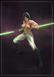 Rule 34 | 1girl, abs, artist name, black hair, bob cut, breasts, crop top, energy sword, english text, highres, holding, holding weapon, knights of the old republic, large breasts, lightsaber, looking at viewer, meridaladida, midriff, muscular, muscular female, sleeveless, sleeveless jacket, star wars, star wars: the old republic, sword, tattoo, topless, weapon