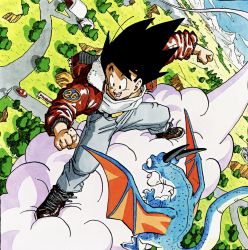 Rule 34 | 1boy, :d, animal, belt, black eyes, black hair, blue sky, brown footwear, bush, car, clenched hands, cloud, cloudy sky, commentary, day, denim, dragon, dragon ball, dragonball z, dutch angle, flying, flying nimbus, from above, fur-trimmed jacket, fur trim, grass, happy, highres, hill, horizon, house, jacket, jeans, legs apart, looking afar, male focus, messy hair, motor vehicle, mountain, mountainous horizon, nature, official art, open clothes, open jacket, open mouth, orange wings, outdoors, pants, red jacket, road, road sign, shaded face, shiny clothes, shirt, shoes, sign, sky, smile, sneakers, son goku, standing, teeth, toriyama akira, tree, white shirt, wings, zipper