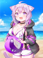 Rule 34 | 1girl, :d, absurdres, ahoge, animal ear fluff, animal ears, ball, beachball, bikini, bikini under clothes, black collar, black jacket, blue sky, blush, breasts, cat ears, cat girl, cat tail, cleavage, cloud, collar, collarbone, day, hair between eyes, highres, holding, holding ball, hololive, hood, hood down, hooded jacket, horizon, jacket, long sleeves, medium breasts, navel, nekomata okayu, nekomata okayu (1st costume), open clothes, open jacket, open mouth, outdoors, puffy long sleeves, puffy sleeves, purple eyes, purple hair, sky, smile, solo, sukemyon, swimsuit, tail, transparent, virtual youtuber, water, white bikini