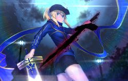 Rule 34 | 1girl, ahoge, artoria pendragon (all), artoria pendragon (fate), baseball cap, blonde hair, blue moon, blue scarf, blurry, breasts, closed mouth, cloud, cloudy sky, depth of field, dual wielding, excalibur (fate/stay night), fate (series), from below, from side, full moon, green eyes, hair between eyes, hat, highres, holding, holding sword, holding weapon, jacket, lamppost, light rays, looking at viewer, matsuharu (lip-mil), moon, moonlight, mysterious heroine x (fate), night, night sky, outdoors, ponytail, rainbow, rojiura satsuki : chapter heroine sanctuary, saber (fate), scarf, short shorts, shorts, sky, small breasts, solo, star (sky), starry sky, sword, thighs, track jacket, weapon