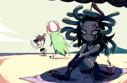 Rule 34 | 1boy, 2girls, :3, ball, beach, beach towel, beachball, black hair, black shorts, blush, brown hair, claws, closed mouth, colored skin, commentary, cup, day, drinking straw, english commentary, facial tattoo, glint, green eyes, green hair, grey skin, horizon, kid icarus, long hair, looking down, medusa (kid icarus), multiple girls, nintendo, ocean, outdoors, palutena, parasol, pit (kid icarus), running, sand, sandals, scales, setz, shade, topless male, shorts, sitting, slit pupils, smile, snake hair, sweatdrop, tattoo, towel, umbrella, very long hair, wings