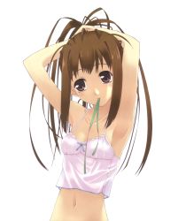 Rule 34 | 1girl, adjusting hair, armpits, arms up, breasts, brown hair, camisole, highres, lingerie, midriff, murakami suigun, navel, original, ponytail, simple background, small breasts, solo, underwear