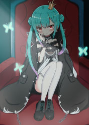 Rule 34 | 1girl, absurdres, animal, bare shoulders, black dress, black footwear, black jacket, blush, bug, butterfly, chain, closed mouth, commentary request, crown, double bun, dress, frilled dress, frilled thighhighs, frills, gradient hair, green hair, hair bun, hand up, highres, hololive, insect, jacket, jacket on shoulders, jiu (sdesd3205), knees up, long hair, mini crown, multicolored hair, off-shoulder dress, off shoulder, open clothes, open jacket, purple hair, red eyes, shoes, sitting, smile, solo, thighhighs, throne, uruha rushia, uruha rushia (3rd costume), very long hair, virtual youtuber, white thighhighs