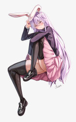 Rule 34 | 1girl, absurdres, animal ears, arm on knee, black footwear, black jacket, black socks, black thighhighs, blazer, blush, character name, floppy ears, full body, hair between eyes, hand up, highres, invisible chair, jacket, leg up, long hair, long sleeves, looking at viewer, maboroshi mochi, mary janes, pink eyes, pink skirt, pleated skirt, purple hair, purple nails, rabbit ears, red eyes, reisen udongein inaba, shoes, simple background, sitting, skirt, socks, solo, tachi-e, thighhighs, thighs, touhou, very long hair, white background