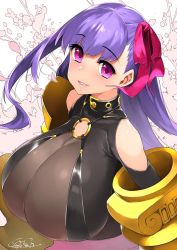 Rule 34 | 1girl, black collar, breasts, collar, commentary request, dated, fate/grand order, fate (series), grin, hair ribbon, happa (cloverppd), huge breasts, long hair, looking at viewer, o-ring, o-ring top, passionlip (fate), pink eyes, pink ribbon, purple hair, ribbon, signature, simple background, smile, solo, upper body