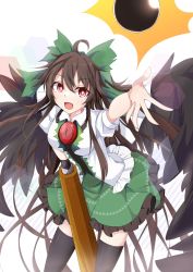 Rule 34 | 1girl, ashigaruk, bird wings, black thighhighs, black wings, blouse, bow, bright pupils, brown hair, green bow, green skirt, hair bow, highres, long hair, looking at viewer, open mouth, red eyes, reiuji utsuho, shirt, skirt, solo, thighhighs, third eye, touhou, white pupils, white shirt, wings