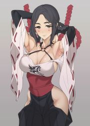 Rule 34 | 1girl, adjusting hair, armpits, arms behind head, arms up, black hair, breasts, brown eyes, cleavage, covered navel, curvy, facial tattoo, grey background, highres, hinata himika, hip vent, hizuki akira, japanese clothes, large breasts, long hair, looking at viewer, shin megami tensei, shin megami tensei: liberation dx2, simple background, smile, solo, tattoo, upper body, wide hips, wide sleeves