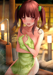 Rule 34 | 1girl, blunt bangs, blush, brown eyes, brown hair, clover, clover hair ornament, collarbone, covering privates, embarrassed, four-leaf clover, four-leaf clover hair ornament, green towel, hair ornament, highres, holding, holding towel, idolmaster, idolmaster cinderella girls, long hair, looking at viewer, monaka curl, naked towel, nude cover, ogata chieri, onsen, open mouth, solo, towel, twintails