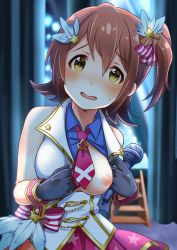 Rule 34 | 10s, 1girl, blush, breasts, brown eyes, brown hair, gloves, hair ornament, hatomugi (mugicha), highres, idolmaster, idolmaster million live!, kasuga mirai, looking at viewer, microphone, nipples, one breast out, open mouth, short hair, solo