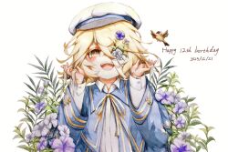 Rule 34 | 1boy, anniversary, bandage over one eye, bandages, billie x, bird, blonde hair, blue capelet, blue jacket, capelet, english text, engrish text, flower, grey flower, happy birthday, hat, jacket, leaf, male focus, messy hair, oliver (vocaloid), one eye covered, open mouth, purple flower, ranguage, ribbon, sailor hat, short hair, simple background, teeth, vocaloid, white background, yellow eyes, yellow ribbon