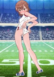 Rule 34 | 1girl, adjusting clothes, adjusting shorts, american football, ass, audience, bare arms, bare shoulders, blouse, blue footwear, blush, breasts, brown eyes, brown hair, clothes pull, embarrassed, flat ass, football field, full body, gym uniform, highres, looking at viewer, looking back, misaka mikoto, nashdnash2007, no panties, no socks, outdoors, photo background, shirt, shoes, short hair, shorts, shorts pull, skinny, small breasts, sneakers, solo focus, toaru kagaku no railgun, toaru majutsu no index, tokiwadai school gym uniform, twisted neck, wedgie, white shirt, white shorts