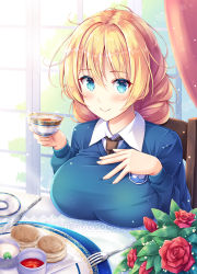 Rule 34 | 1girl, akashio (loli ace), black necktie, blonde hair, blue eyes, blue shirt, blush, breast rest, breasts, butter knife, chair, commentary request, cup, curtains, darjeeling (girls und panzer), flower, fork, girls und panzer, hand on own chest, highres, holding, holding cup, large breasts, long hair, long sleeves, looking at viewer, necktie, plate, red flower, rose, shirt, sitting, smile, solo, teacup, undershirt, wing collar