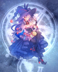 Rule 34 | 1girl, ;), black thighhighs, bow, breasts, constellation, creatures (company), crossed legs, dress, flower, full body, game freak, gen 4 pokemon, gloves, hat, hat bow, hat flower, hat flowers, hat ornament, highres, invisible chair, large breasts, licking lips, long hair, magic circle, medallion, mismagius, moe (hamhamham), nintendo, one eye closed, personification, pokemon, purple bow, purple dress, purple gloves, purple hair, purple hat, sitting, smile, solo, thighhighs, tongue, tongue out, vial, witch hat