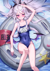 Rule 34 | 1girl, absurdres, arm up, armpits, blue archive, blush, collarbone, commentary request, demon girl, demon horns, demon wings, from above, hair between eyes, hair ornament, hairclip, highleg, highleg swimsuit, highres, hina (blue archive), hina (swimsuit) (blue archive), horns, leg up, lifebuoy, long hair, looking at viewer, looking up, lying, name tag, ocean, on back, one-piece swimsuit, one side up, parted bangs, pparong e, purple eyes, school swimsuit, sidelocks, solo, starfish, swim ring, swimsuit, translation request, white hair, wings