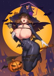 Rule 34 | 1girl, 9eep, absurdres, areola slip, bat (animal), bat wings, belt, black dress, blush, breasts, broom, broom riding, brown hair, cape, cleavage, collar, cross, dress, flower, full body, full moon, green eyes, halloween, halloween costume, halo, hat, highres, jack-o&#039;-lantern, karuizawa mayumi, large areolae, large breasts, leather strap, light, light areolae, looking at viewer, moon, navel, night, night sky, nipples, open mouth, original, parody, purple flower, skull, sky, solo, star (sky), starry sky, tight clothes, tight dress, tongue, tongue out, wings, witch hat, yellow moon