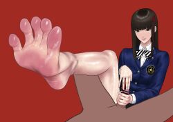 Rule 34 | 1girl, barefoot, black hair, clothed female nude male, feet, green eyes, handjob, highres, koukou panchi, long hair, nude, parted lips, persona, persona 5, smell, soles, sweat, toes, tougou hifumi