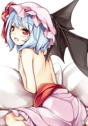 Rule 34 | 1girl, back, bad id, bad pixiv id, bare arms, bare back, bare shoulders, bat wings, blue hair, blush, bow, fang, from behind, hat, hat bow, highres, looking at viewer, looking back, lying, maremay0513, mob cap, on stomach, open mouth, pink hat, red bow, red eyes, remilia scarlet, short hair, signature, solo, topless, touhou, white background, wings