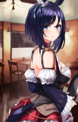 Rule 34 | 1girl, absurdres, animal ears, bare back, bare shoulders, black dress, black hair, black tail, blue eyes, blush, bob cut, breasts, ceiling fan, chair, choker, corset, detached sleeves, dress, eishin flash (umamusume), hair between eyes, hair ornament, hair ribbon, highres, holding, holding tray, horse ears, horse girl, horse tail, lamp, large breasts, light, long sleeves, looking at viewer, looking to the side, puffy sleeves, red skirt, ribbon, shinyoujurin, short hair, shoulder blades, skirt, sleeves past wrists, solo, table, tail, tray, umamusume, window, window blinds