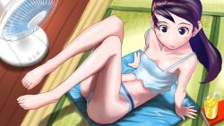 Rule 34 | 1girl, arm support, barefoot, blush stickers, camisole, cup, drink, drinking glass, drinking straw, electric fan, feet, from above, glass, highres, indoors, juice, leaning back, legs, legs up, long hair, looking away, navel, original, panties, pillow, purple eyes, purple hair, sitting, sleeveless, smile, solo, soon (c-u-soon), strap slip, toes, underwear, underwear only