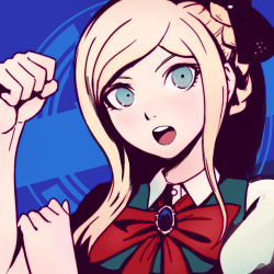 Rule 34 | 1girl, :o, black ribbon, blonde hair, blue background, blue eyes, bow, bowtie, commentary, danganronpa (series), danganronpa 2: goodbye despair, hair ribbon, highres, long hair, looking at viewer, open mouth, qosic, red bow, red bowtie, ribbon, solo, sonia nevermind, upper body