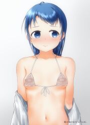 Rule 34 | 1girl, bandaid, bandaids on nipples, bikini, blue eyes, blue hair, blush, breasts, closed mouth, commentary request, grey background, kantai collection, long hair, looking to the side, mae (maesanpicture), micro bikini, pasties, samidare (kancolle), see-through, see-through bikini, simple background, small breasts, solo, swimsuit, tareme, twitter username, upper body, white bikini