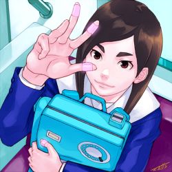 Rule 34 | 1girl, :3, artist name, bag, bandaid, bandaid on hand, bench, blazer, blue jacket, brown eyes, brown hair, closed mouth, commentary, eizouken ni wa te wo dasu na!, from above, holding, holding bag, jacket, looking at viewer, looking up, medium hair, mizusaki tsubame, open hand, outstretched hand, parted hair, railing, sailor collar, school bag, school uniform, shirt, signature, sitting, smile, solo, thick eyebrows, train interior, upper body, upturned eyes, watts (lil nemo182), white sailor collar, white shirt