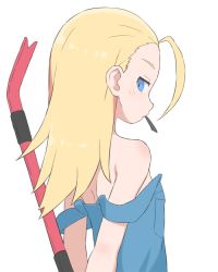 Rule 34 | 1girl, ahoge, arms behind back, bare shoulders, blonde hair, blue eyes, blue overalls, bubukka, crowbar, do it yourself!!, from behind, holding, holding crowbar, juliet queen elizabeth viii, long hair, looking at viewer, mouth hold, multicolored hair, naked overalls, off shoulder, overalls, red hair, simple background, solo, two-tone hair, white background