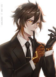 Rule 34 | 1boy, adjusting clothes, adjusting gloves, ahoge, alternate costume, artist name, aura draws, black necktie, blazer, brown hair, collared shirt, commentary, cracked skin, dated, diamond-shaped pupils, diamond (shape), english commentary, expressionless, eyelashes, genshin impact, glove in mouth, gloves, gradient hair, jacket, lips, long sleeves, looking to the side, male focus, mouth hold, multicolored hair, necktie, nose, orange hair, shirt, sidelocks, simple background, standing, suit jacket, symbol-shaped pupils, tattoo, teeth, upper body, white background, wing collar, zhongli (genshin impact)