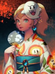 Rule 34 | 1girl, bellhenge, blonde hair, blooper (mario), blue eyes, boo (mario), commentary, english commentary, festival, fire flower, floral print, flower, hand fan, japanese clothes, kimono, long hair, looking at viewer, mario (series), mask, nintendo, obi, ponytail, princess peach, sash, smile, solo, standing, super mario odyssey, yukata