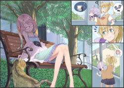 Rule 34 | 3girls, = =, ?, absurdres, ahoge, alternate costume, antenna hair, black skirt, blonde hair, book, bow, bowtie, brown sweater vest, bush, cat, collared shirt, comic, commentary request, courtyard, dappled sunlight, dress, drinking, drooling, feet out of frame, frilled dress, frills, glasses, gloom (expression), green dress, green eyes, haruno sora, highres, holding carton, hunched over, legs, light blush, low ponytail, mole, mole under eye, multiple girls, notice lines, on bench, outdoors, pleated skirt, pointing, ponytail, popped collar, red-framed eyewear, red bow, red bowtie, school, shade, shiratama (siratama5656), shirt, short hair, short sleeves, sidelocks, sidelocks tied back, silent comic, skirt, sleeping, sleeping upright, sleepy, sleeveless, sleeveless dress, spaghetti strap, spoken character, spoken object, sunlight, sweatdrop, sweater vest, tree, tsurumaki maki, vocaloid, voiceroid, white shirt, window, yuzuki yukari