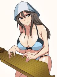 Rule 34 | 10s, 1girl, blue bra, blue hat, blue panties, bow, bow bra, bra, breasts, brown eyes, brown hair, eyes visible through hair, girls und panzer, hair between eyes, hat, hifumi hajime, highres, instrument, kantele, large breasts, light frown, long hair, looking at viewer, mika (girls und panzer), music, panties, pink background, playing instrument, seiza, shiny skin, simple background, sitting, skindentation, solo, stomach, striped bra, striped clothes, striped panties, thighs, underwear, underwear only, vertical-striped bra, vertical-striped clothes, vertical-striped panties