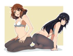 Rule 34 | 2girls, :d, arm support, ass, bare arms, bare shoulders, black hair, black legwear, bra, breasts, brown hair, butt crack, cleavage, closed mouth, eyebrows hidden by hair, full body, hibike! euphonium, highres, kneeling, kousaka reina, leaning forward, long hair, looking at viewer, multiple girls, nail polish, navel, no panties, no shoes, open mouth, oumae kumiko, pantyhose, purple eyes, purple nails, sbel02, short hair, small breasts, smile, two-tone background, underwear, white background, white bra, yellow background, yellow eyes, yellow nails
