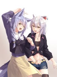 Rule 34 | 2girls, absurdres, alternate costume, animal ears, arknights, blush, braid, commentary request, earrings, french braid, highres, itsuki (tanakaitsukiiii), jewelry, locked arms, midriff, mouse ears, mouse girl, multiple girls, navel, necklace, provence (arknights), purple hair, scavenger (arknights), tail, white background, white hair, wolf ears, wolf girl, wolf tail