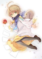Rule 34 | 1boy, ahoge, apple, bag, barufoa, blonde hair, food, fruit, green eyes, laphicet (tales), male focus, open mouth, simple background, solo, star (symbol), tales of (series), tales of berseria, thighhighs, white background