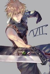 Rule 34 | 1boy, armor, baggy pants, black gloves, blonde hair, blue eyes, buster sword, closed mouth, cloud strife, commentary request, crow illust, feet out of frame, fighting stance, final fantasy, final fantasy vii, final fantasy vii remake, gloves, grey background, hair between eyes, highres, holding, holding sword, holding weapon, male focus, materia, pants, ribbed sweater, short hair, shoulder armor, signature, simple background, single bare shoulder, sleeveless, sleeveless turtleneck, solo, spiked hair, suspenders, sweater, sword, turtleneck, turtleneck sweater, weapon