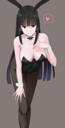 Rule 34 | 1girl, absurdres, animal ears, bad id, bad pixiv id, black bow, black bowtie, black hair, black leotard, black pantyhose, blunt bangs, bow, bowtie, breasts, cleavage, detached collar, fake animal ears, feet out of frame, grey background, hand on own chest, heart, highres, leotard, long hair, looking at viewer, nguyen tam lee, original, pantyhose, playboy bunny, rabbit ears, rabbit girl, rabbit tail, simple background, solo, spoken heart, strapless, strapless leotard, tail, wrist cuffs