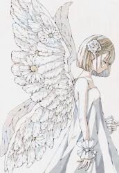 Rule 34 | 1girl, angel wings, arm up, armband, blonde hair, closed mouth, collarbone, daisy, dress, feathered wings, flower, flower wings, frilled armband, frills, hair flower, hair ornament, highres, looking down, medium hair, multiple wings, original, profile, simple background, sleeveless, sleeveless dress, toaruocha, upper body, white background, white dress, white wings, wings
