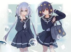 Rule 34 | 10s, 2girls, bag, black dress, black hair, black ribbon, black sailor collar, blush, breasts, bubble, closed mouth, collarbone, commentary, dress, grey eyes, grey neckerchief, hair between eyes, hair ribbon, hand up, head tilt, konno junko, long hair, long sleeves, looking at viewer, low twintails, mitu yang, mizuno ai, multiple girls, neckerchief, pleated dress, red eyes, revision, ribbon, sailor collar, sailor dress, school bag, school uniform, silver hair, small breasts, standing, symbol-only commentary, twintails, very long hair, zombie land saga