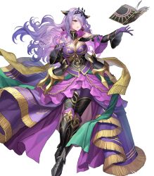 Rule 34 | 1girl, book, breasts, camilla (alluring darkness) (fire emblem), camilla (fire emblem), cleavage, crown, dress, fake horns, fire emblem, fire emblem fates, fire emblem heroes, gloves, hair over one eye, highres, holding, holding book, horns, large breasts, long hair, nintendo, non-web source, official alternate costume, official art, purple dress, purple gloves, solo, wavy hair
