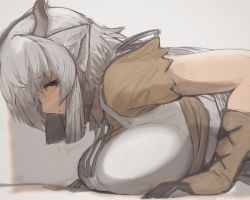 Rule 34 | 1girl, animal ears, breast rest, breasts, collared shirt, dress, exercising, from side, gloves, grey hair, grey horns, half-closed eye, highres, horns, huge breasts, kemono friends, light blush, light smile, long hair, looking at viewer, ox ears, ox horns, push-ups, shibori kasu, shirt, solo, training, upper body, wing collar, yak (kemono friends), yellow shirt