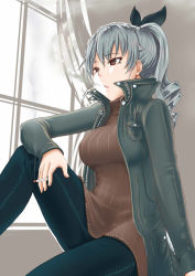 Rule 34 | 10s, 1girl, alternate hairstyle, anchovy (girls und panzer), black ribbon, blue pants, brown shirt, casual, cigarette, denim, drill hair, girls und panzer, green hair, green jacket, hair ribbon, highres, jacket, jeans, long hair, long sleeves, open clothes, open jacket, pants, parted lips, ponytail, red eyes, ribbed shirt, ribbon, shirt, sitting, smoke, smoking, solo, turtleneck, yaoyasan