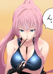 Rule 34 | 1girl, bare shoulders, between breasts, black gloves, blue eyes, breasts, cleavage, collarbone, endou (zettai bluenoid), fingerless gloves, food, gloves, highres, large breasts, long hair, megurine luka, mouth hold, pink hair, pocky, ponytail, simple background, solo, taut clothes, unzipping, vocaloid, zipper