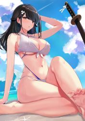 Rule 34 | 1girl, arm up, azur lane, bare arms, bare legs, barefoot, beach, bikini, black hair, blue sky, blush, breasts, brown eyes, choukai (azur lane), cleavage, cloud, day, front-tie top, hair flaps, hair ornament, halterneck, hand on own head, katana, large breasts, long hair, looking at viewer, multi-strapped bikini, navel, outdoors, schreibe shura, sitting, sky, solo, sparkle, stomach, swept bangs, swimsuit, sword, thighs, toes, underboob, weapon, wet, white bikini